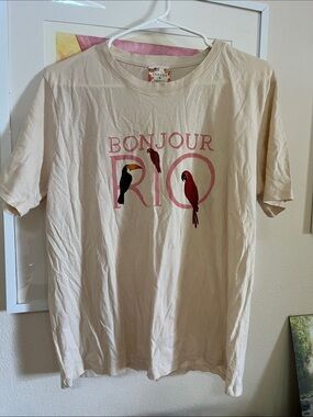 Sezane Cream Tee with Pink Bonjour Rio and Parrot Motif